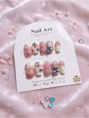 Pink Glitter Floral Press-On Nail Set with Pearls